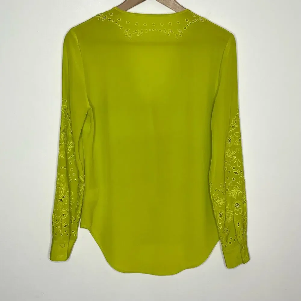 Veronica Beard Womens Long Sleeve Silk Blouse 0 Green Floral Embroidered V Neck - Picture 9 of 16